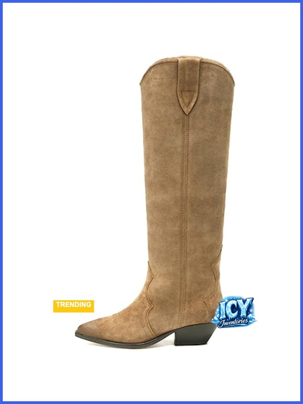 Women's Suede Cowboy Knee High Boots Pointed Toe Chunky Low Heel Pull On